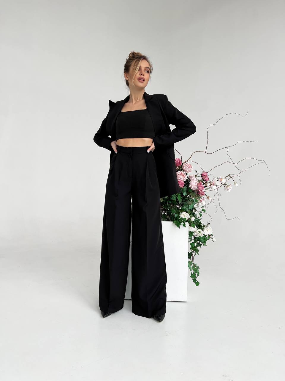 Black Palazzo Suit for Women Diagonal Crepe Tailored Wide Leg Pantsuit
