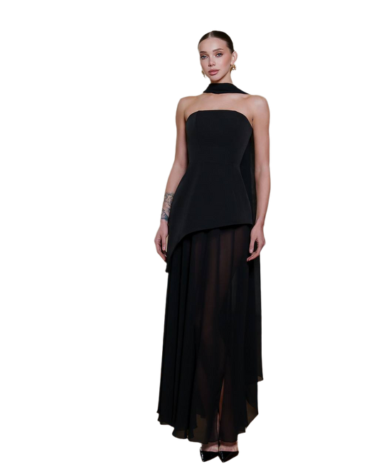 3 Piece Elegant Black Wedding Bridal Set - Corset Style Dress, Chiffon Skirt and Scarf