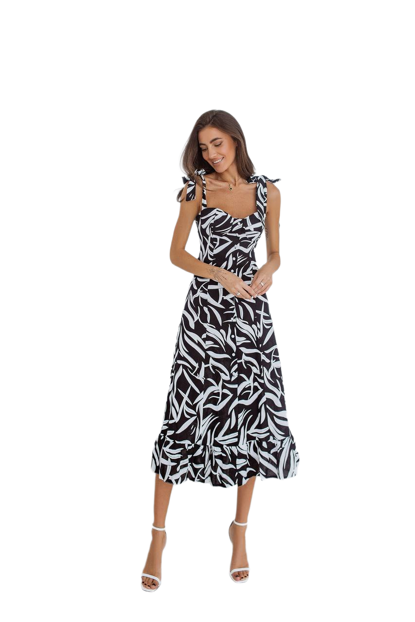 Natural Linen Sundress with Tie Shoulder Straps in Black and White Print