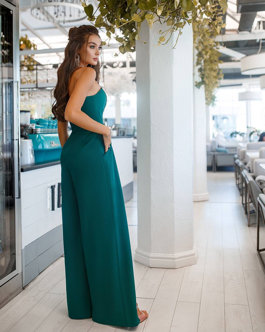 Green Women Jumpsuit Bridal Wedding Bridesmaid Prom Graduation Rehearsal Dinner Corset Top Wide Pants Cullotes Palazzo Emerald