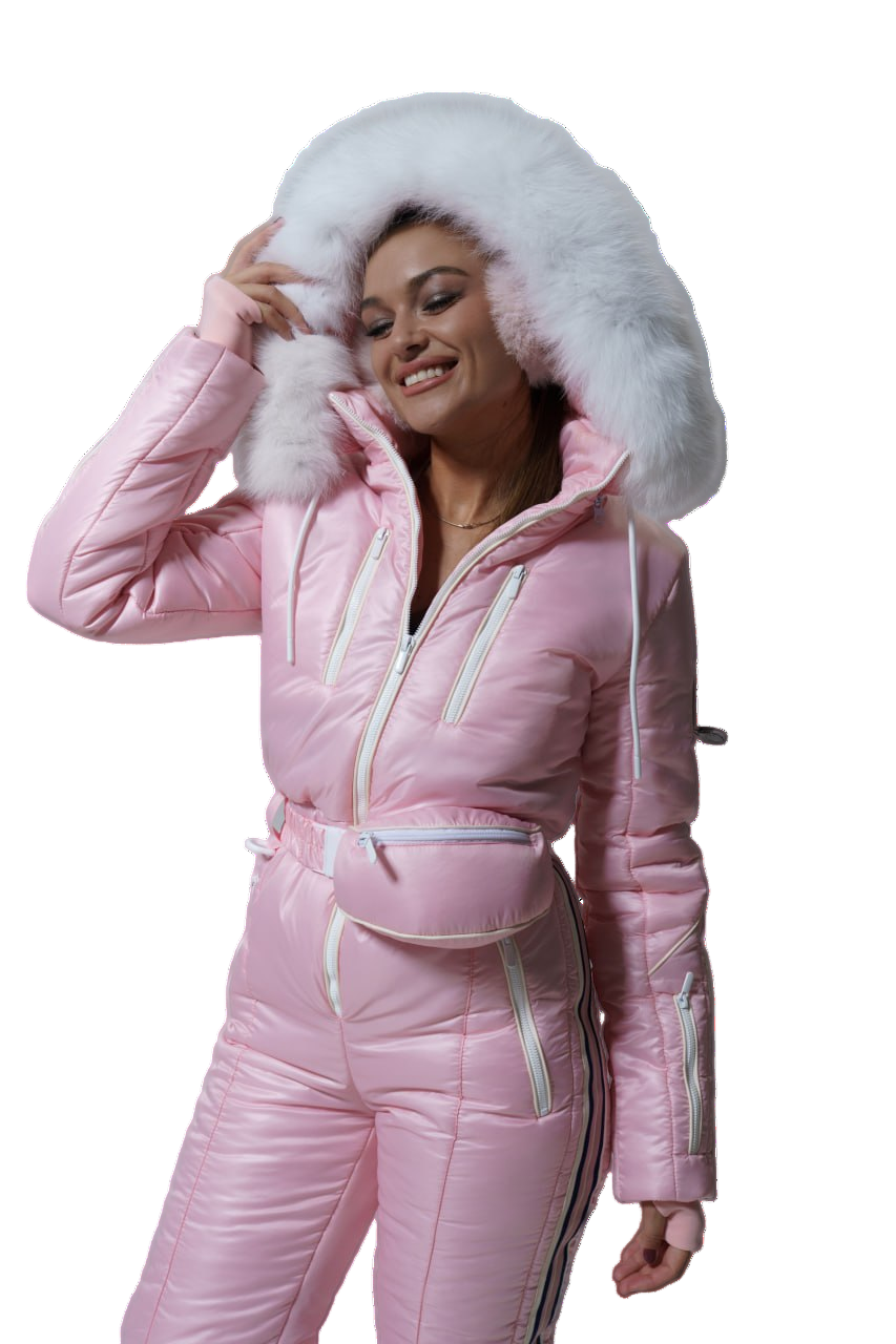 Person wearing a pink puffer suit with a white fur hood on a white background