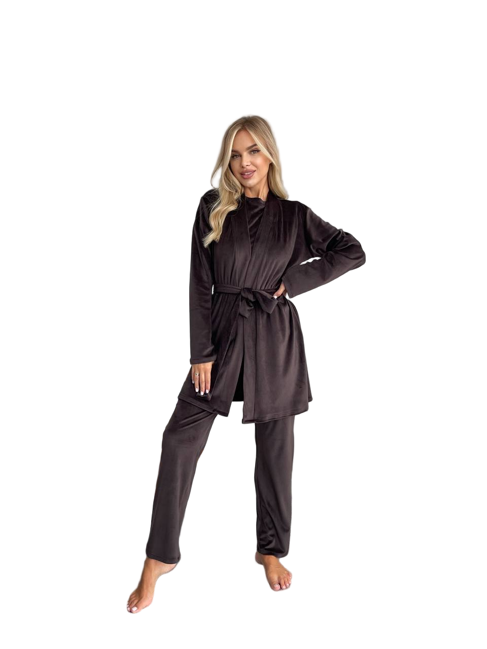 Woman wearing a dark brown outfit on a white background