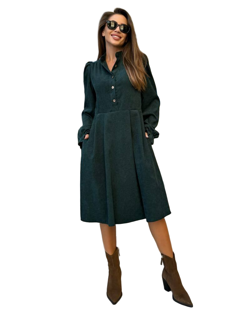 Dark Green Microvelvet Midi Dress Long Sleeve Elegant Office Casual