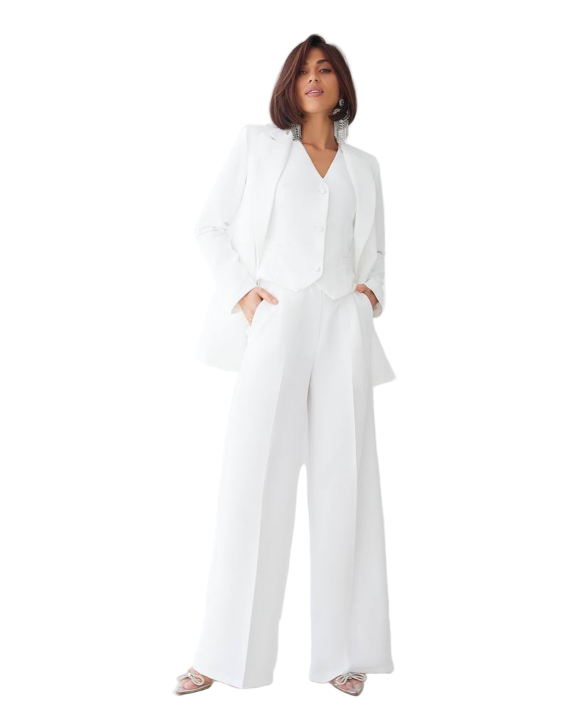 White Three Piece Womens Suit Premium Diagonal Crepe Lined Vest Jacket Trousers