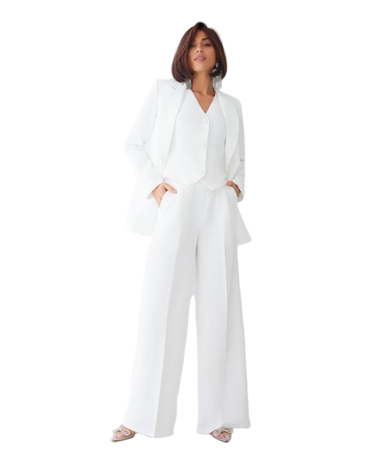 White Three Piece Womens Suit Premium Diagonal Crepe Lined Vest Jacket Trousers