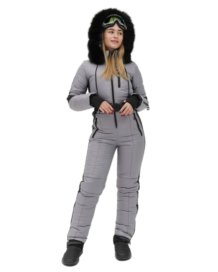 Womens Winter Overall Ski Jumpsuit Light Gray Water Repellent Ski Snowsuit Removable Fox Fur Hood
