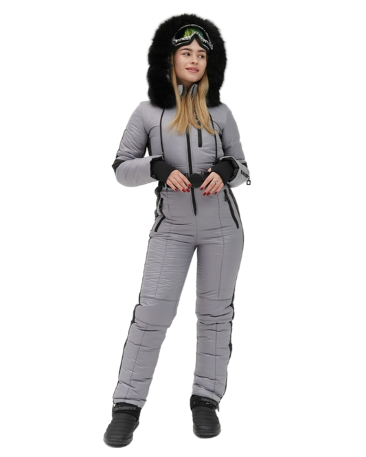 Womens Winter Overall Ski Jumpsuit Light Gray Water Repellent Ski Snowsuit Removable Fox Fur Hood