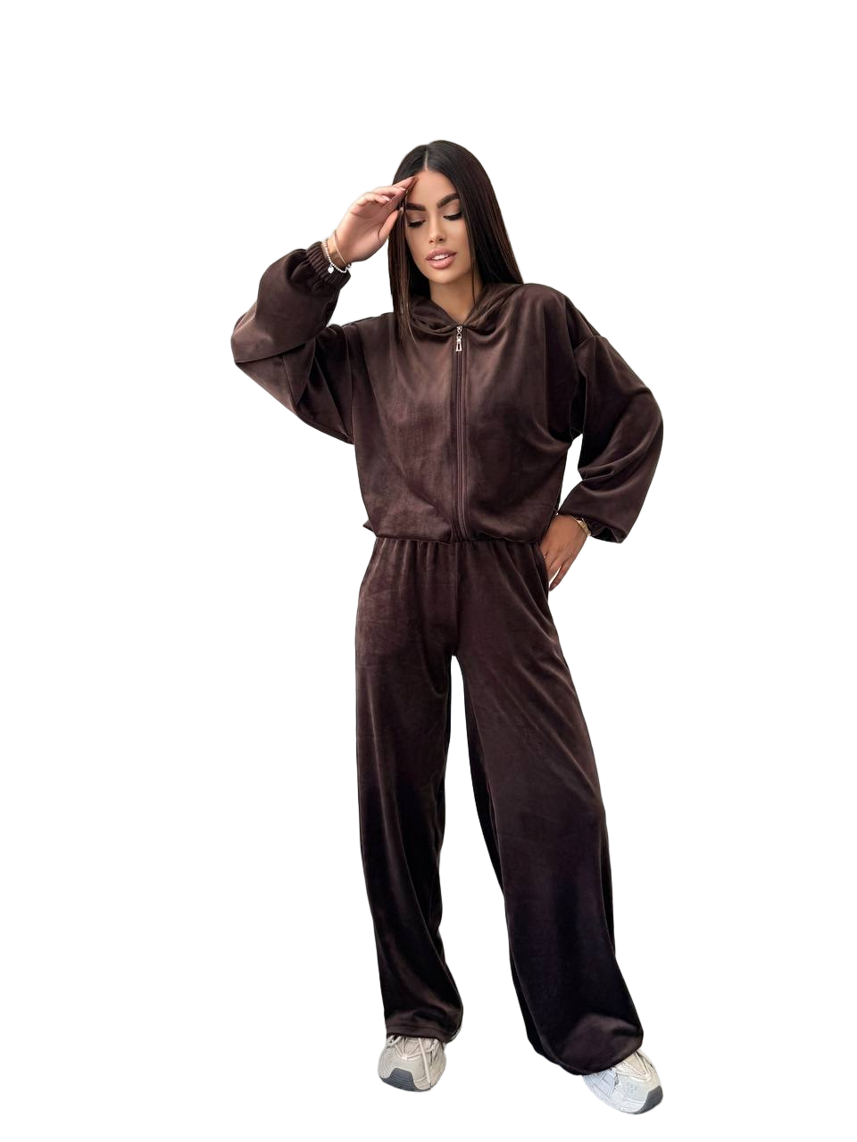 Brown Soft Velour Three-Piece Suit with Zip-Up Jacket and Palazzo Pants