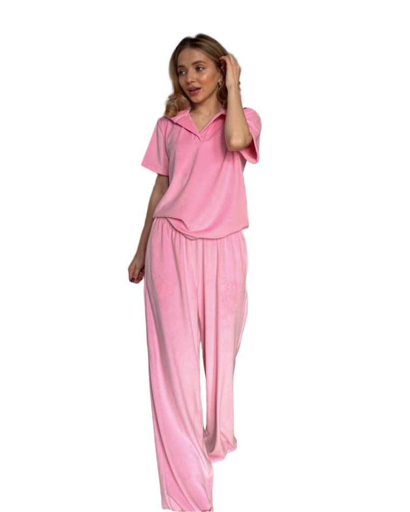 Pink Velour Pajama Set Barbie Style Soft Velvet Loungewear for Women