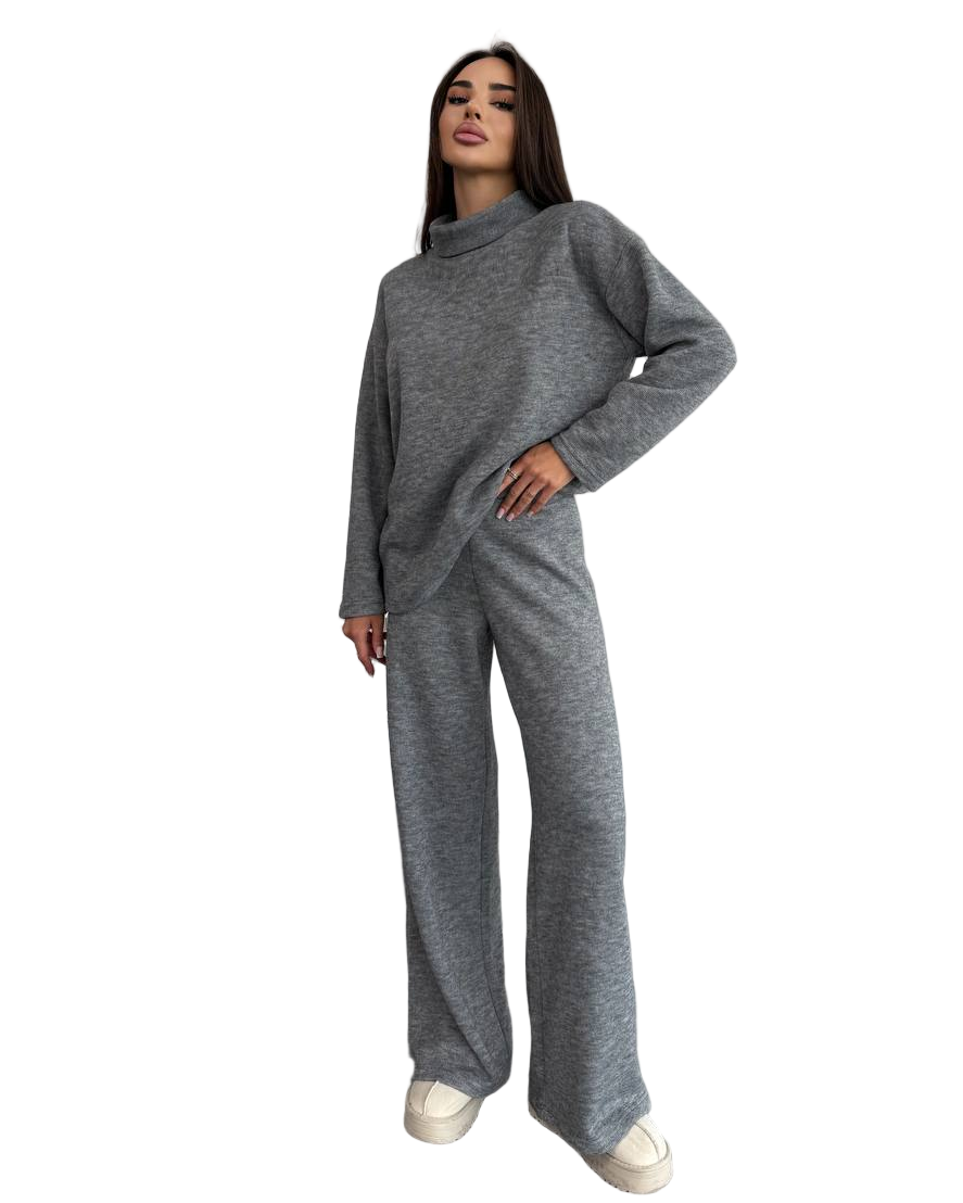 Gray Angora Knit Two Piece Suit Women Mock Neck Top Wide Leg Pants Loungewear