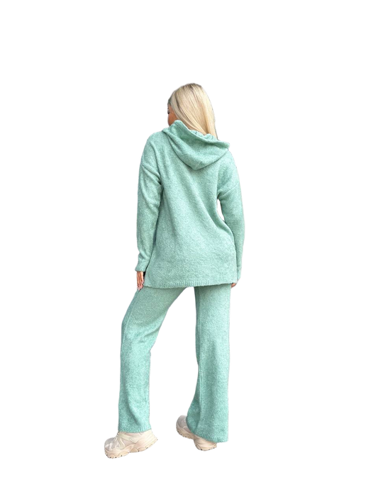 Person wearing a mint green hoodie and pants set on a white background
