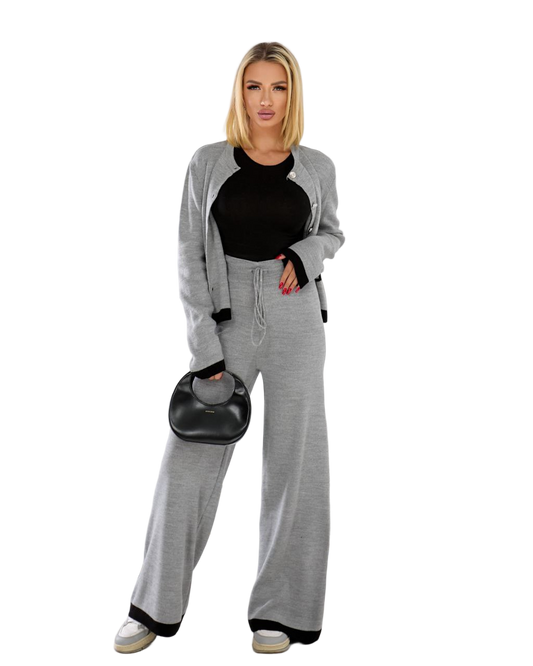 Grey Oversized Knit Tracksuit Loungewear Set Turkish Made Cardigan and Wide Leg Pants