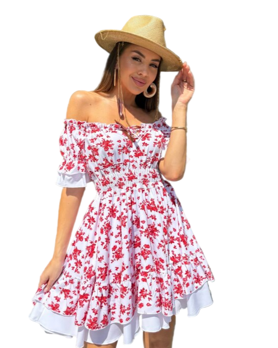 White Floral Off Shoulder Dress with Adjustable Waist