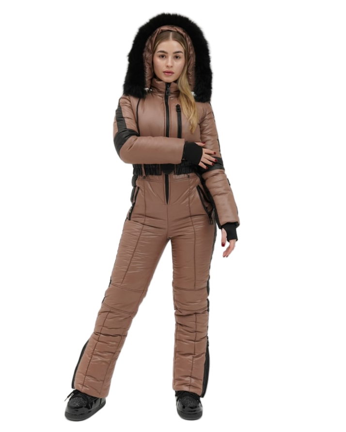 Women Winter Overall Ski Jumpsuit Brown Removable Hood Real Fox Fur Water Repellent