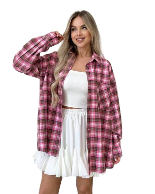 Oversized Pink Plaid Flannel Shirt for Women