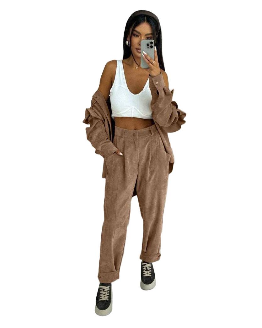Stylish Brown Corduroy Two-Piece Set with Ruffled Shirt and Clasped Trousers