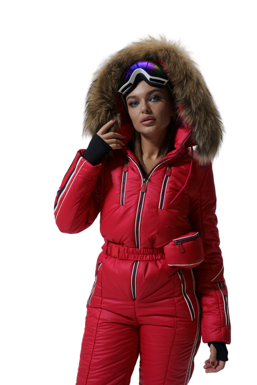 Person wearing a red snowsuit with a fur-lined hood on a white background