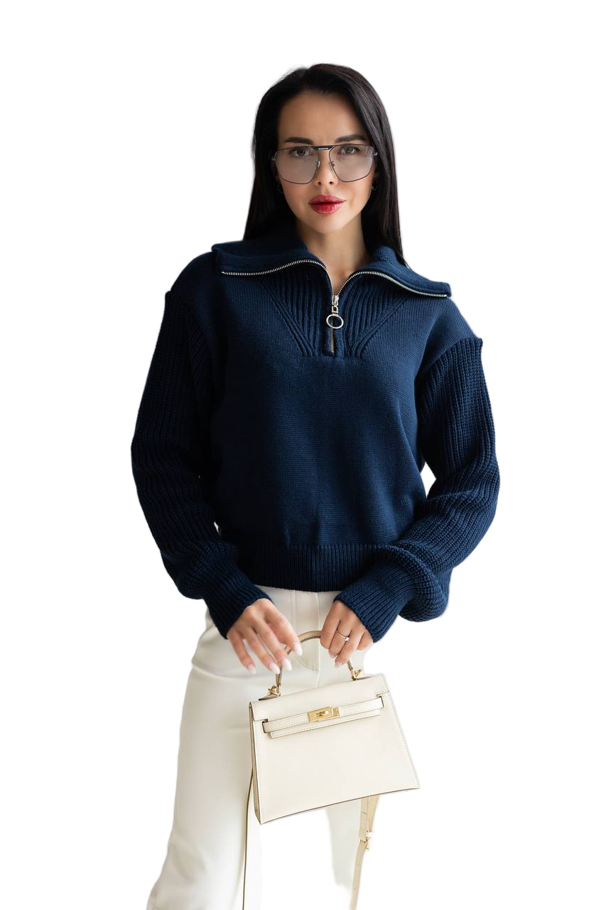 Navy Blue Wool Blend Zip Collar Sweater Women Cozy Half Zip Knitwear