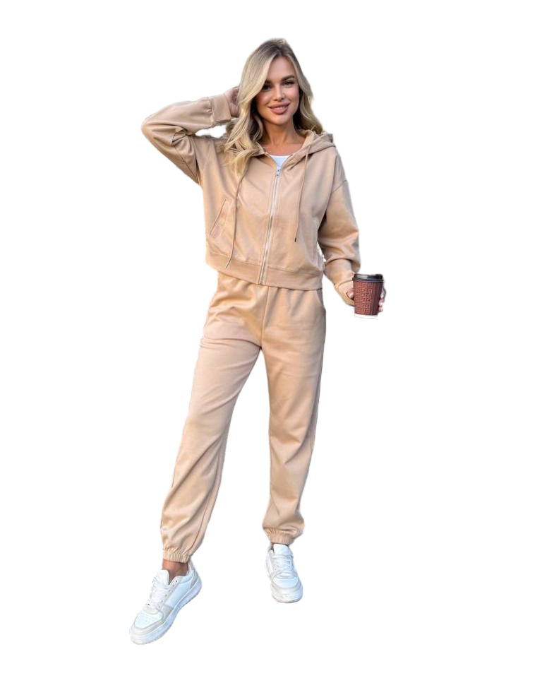 Beige Three Piece Suit Women Zip Hoodie Crop Top Joggers Cotton Spandex Set