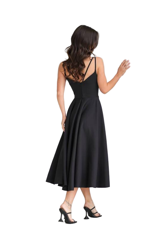 Woman wearing a black dress on a white background