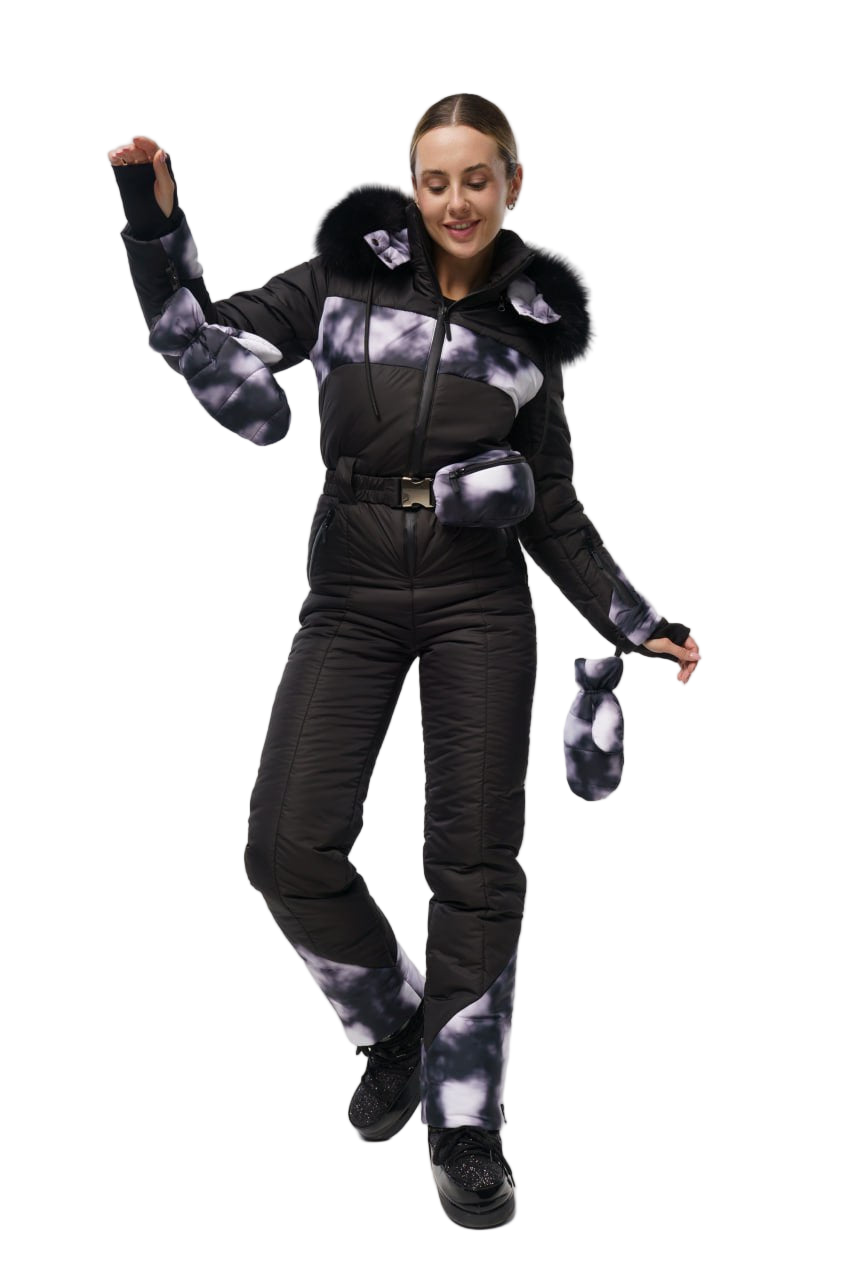Womens Winter Jumpsuit Black with Mist Print Inserts Water Repellent Insulated Ski Suit