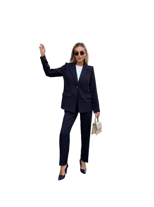 Woman in a black suit with sunglasses and a handbag on a white background