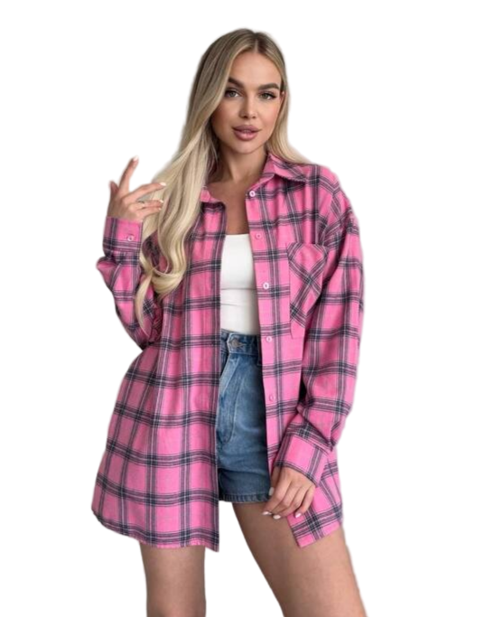 Womens Oversized Pink Plaid Flannel Shirt
