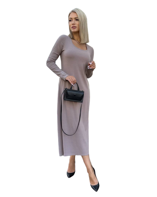 Long Sleeve Ribbed Knit Maxi Dress Taupe