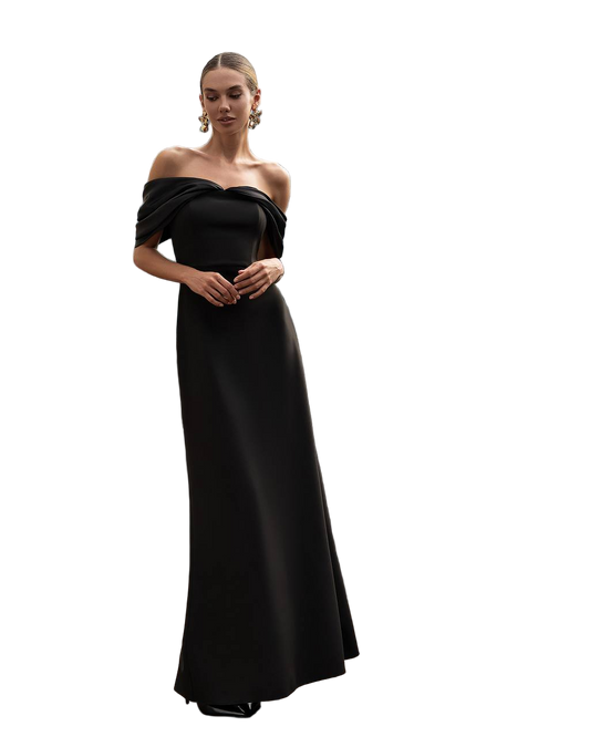 Black Premium Crepe Off Shoulder Evening Dress with Mango Satin Inserts