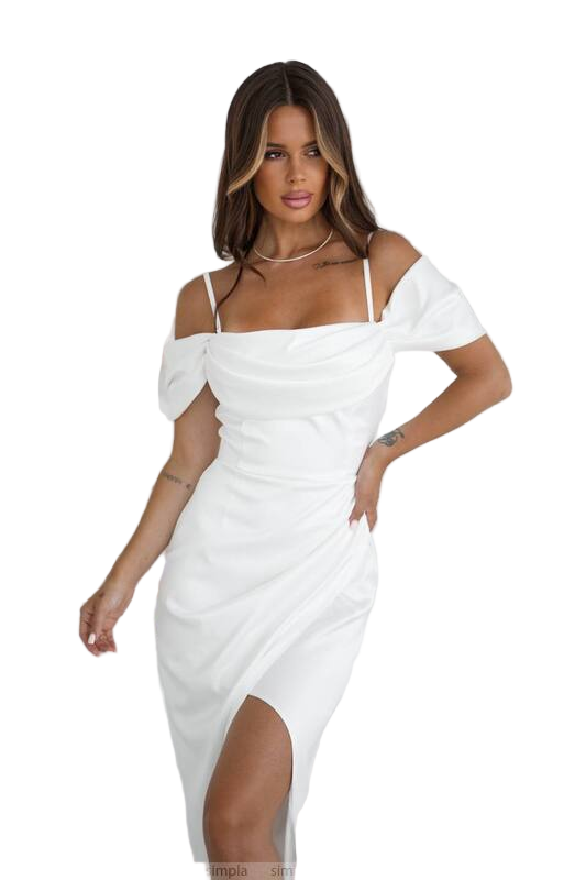Woman wearing a white off-shoulder dress on a white background