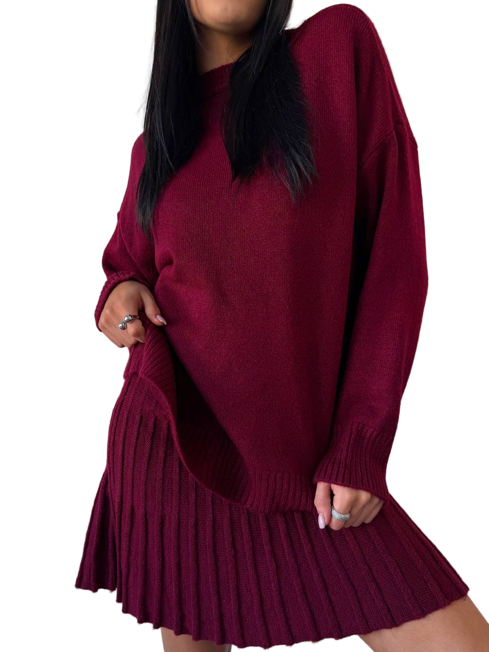 Maroon sweater dress worn by a person on a white background