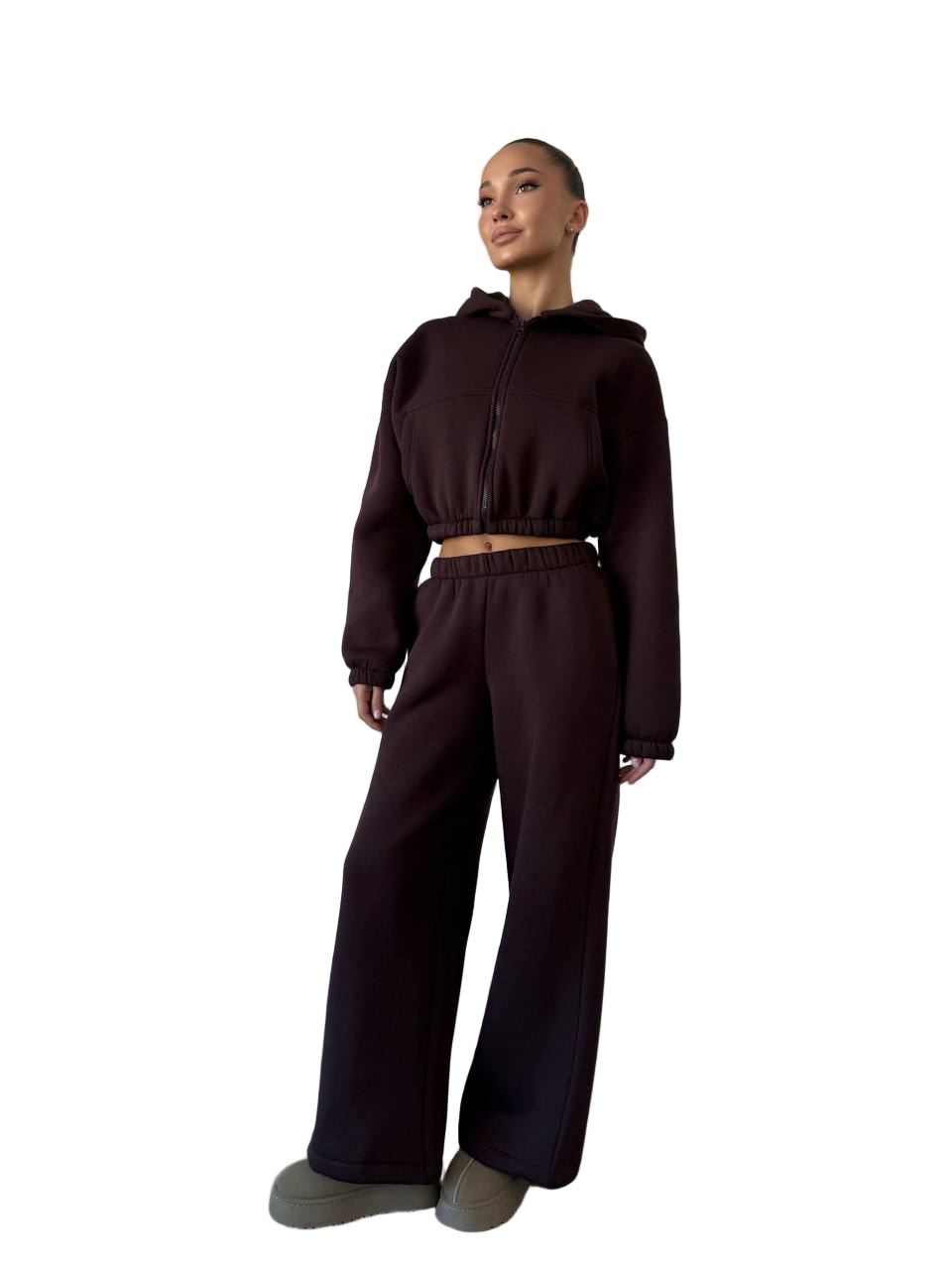 Brown Fleece Lined Tracksuit for Women Insulated Zip Hoodie Wide Leg Pants Autumn Winter