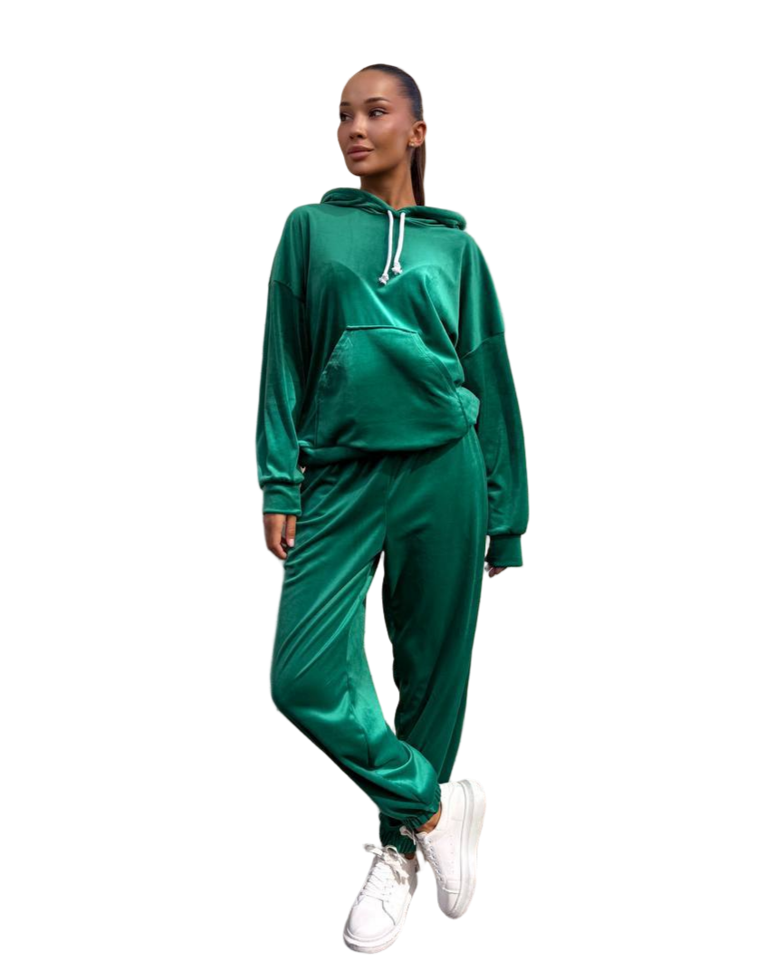 Green Velour Tracksuit Hooded Sweatshirt and Cuffed Joggers Turkish Velour