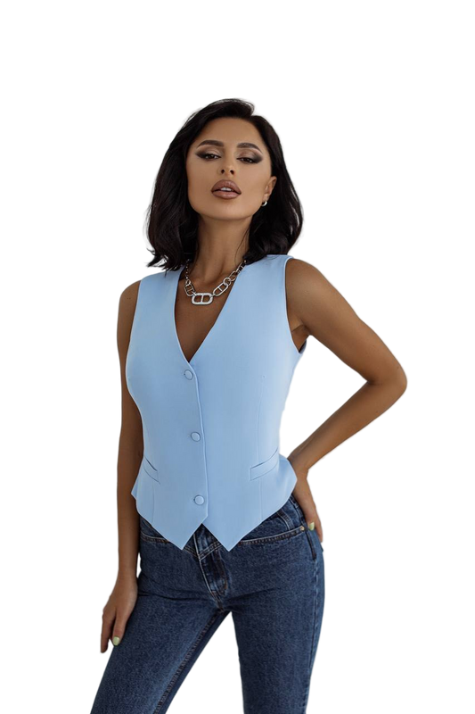 Sky Blue Crepe Diagonal Waistcoat for Women Lined Tailored V Neck Vest