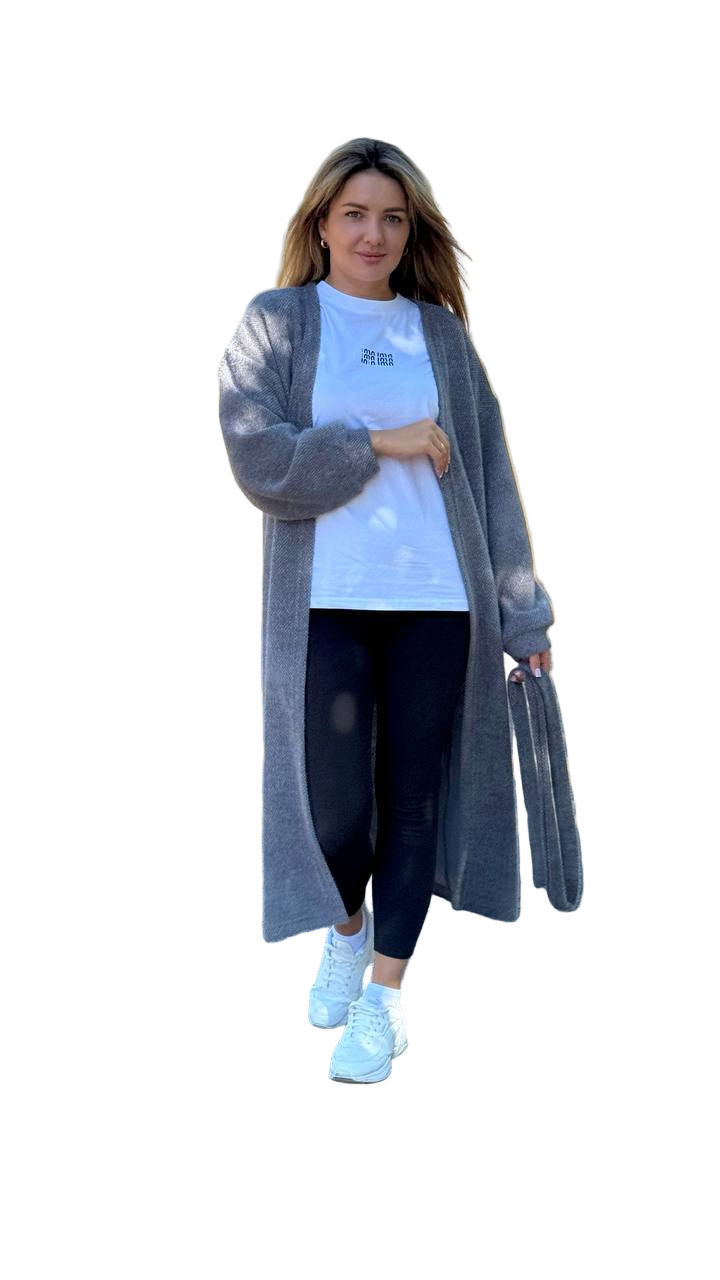 Long Gray Angora Travka Cardigan with Belt