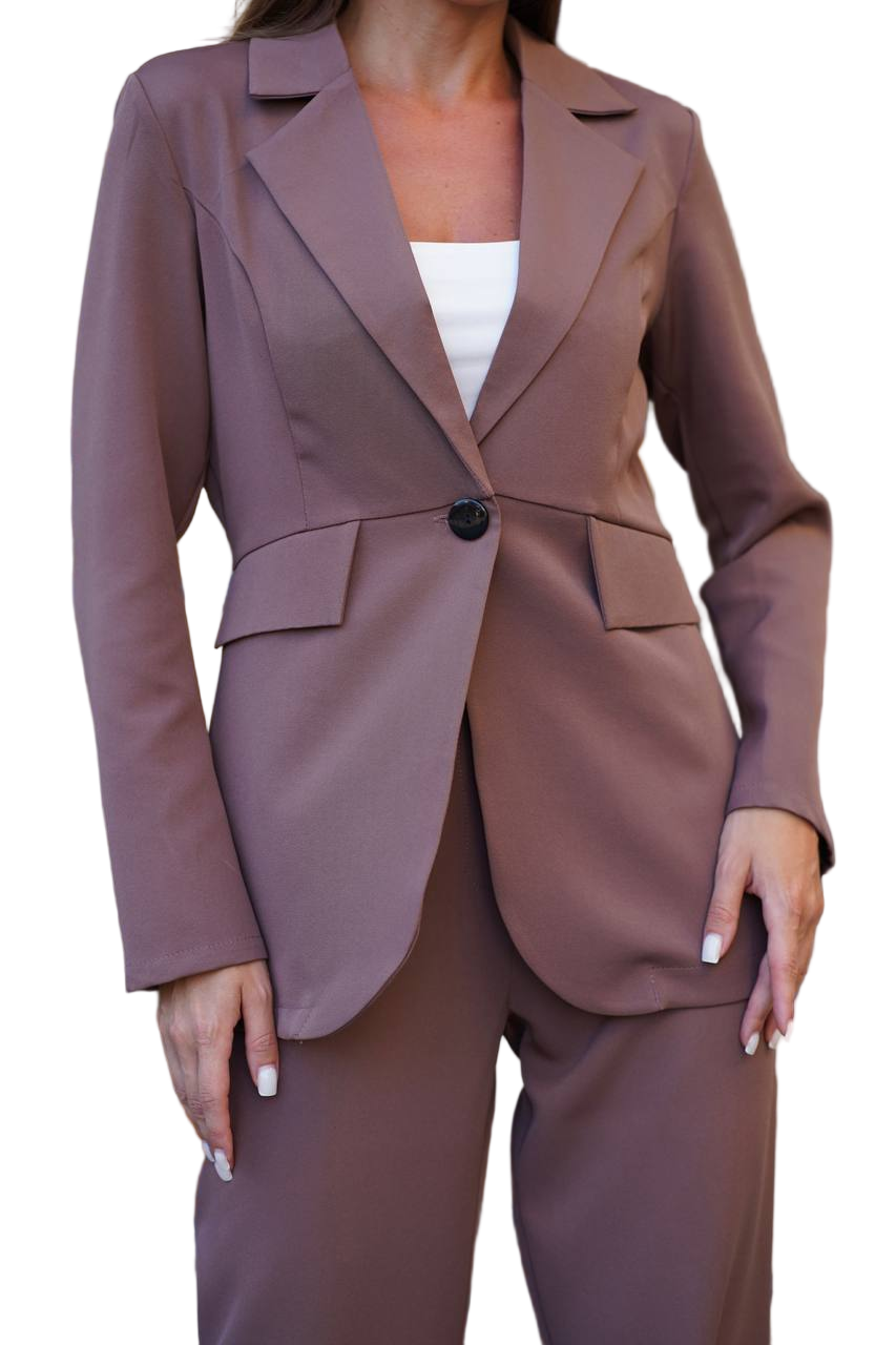 Brown suit jacket and pants on a white background