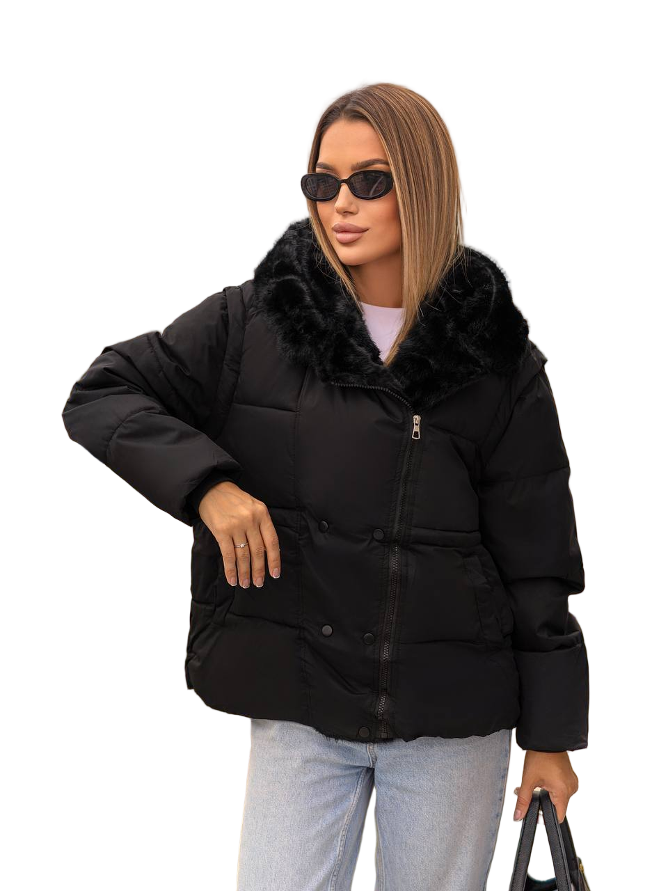 Transformer Jacket Black with Removable Sleeves Faux Fur Hood Water Resistant Convertible Puffer