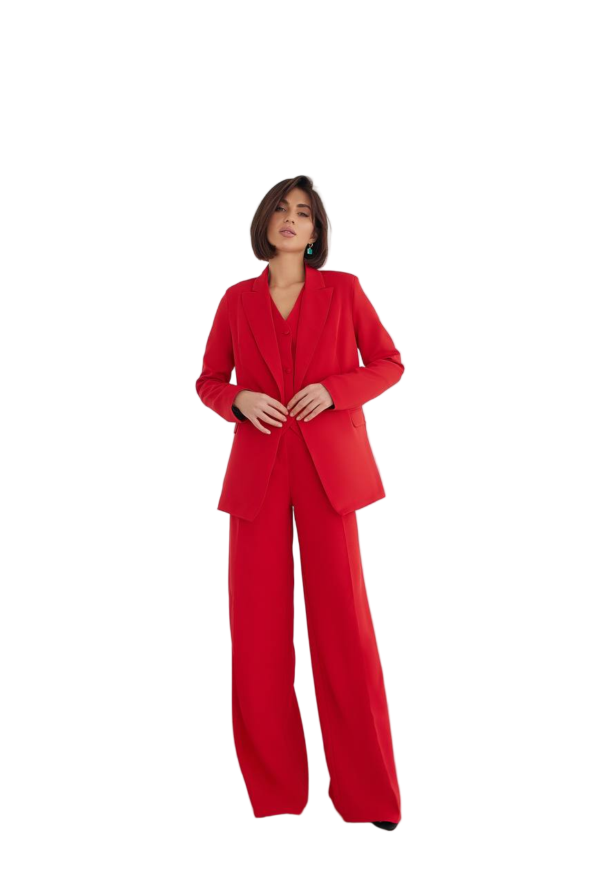 Women Three Piece Suit Red Premium Diagonal Crepe Lined Vest Jacket Trousers