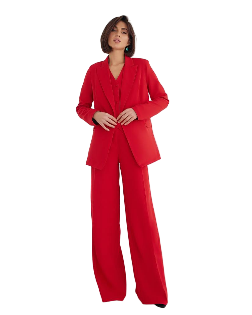 Women Three Piece Suit Red Premium Diagonal Crepe Lined Vest Jacket Trousers