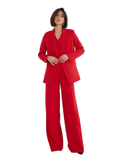 Women Three Piece Suit Red Premium Diagonal Crepe Lined Vest Jacket Trousers