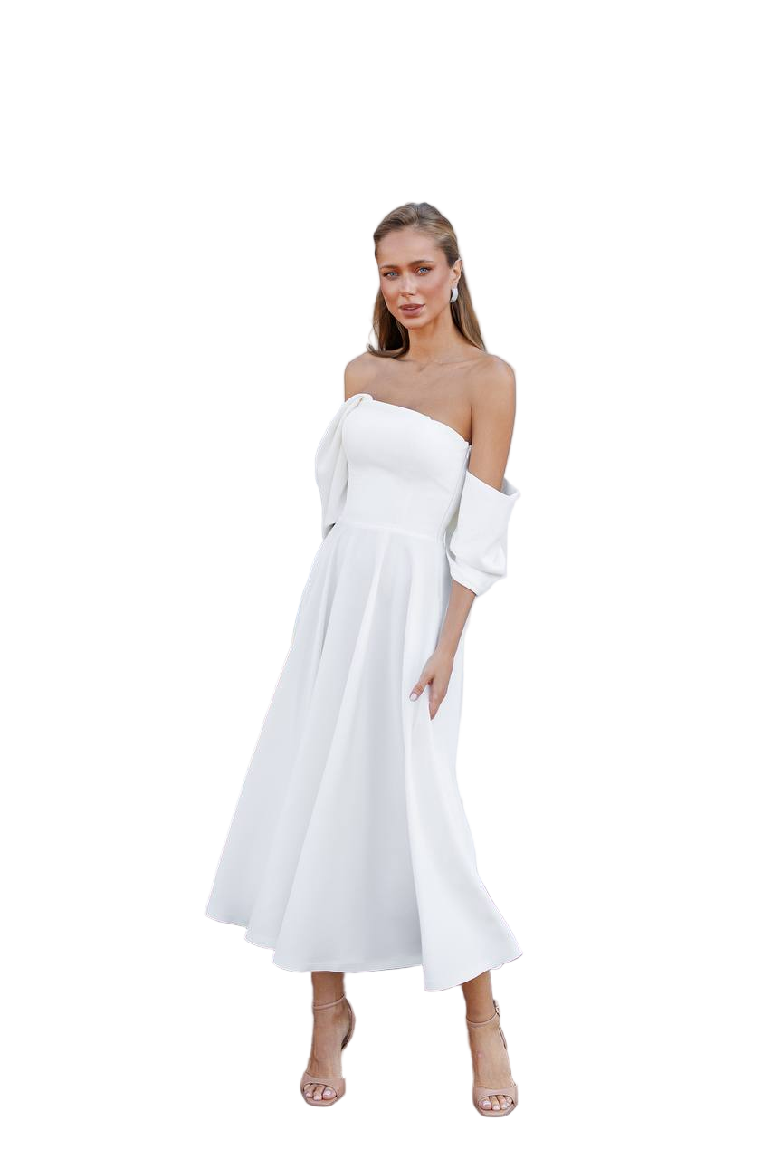 White Off Shoulder Midi Dress Diagonal Crepe A Line Cocktail Dress