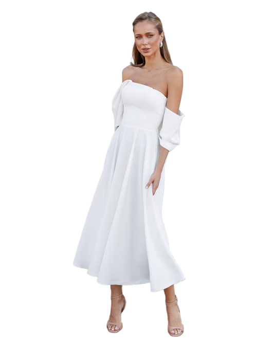 White Off Shoulder Midi Dress Diagonal Crepe A Line Cocktail Dress