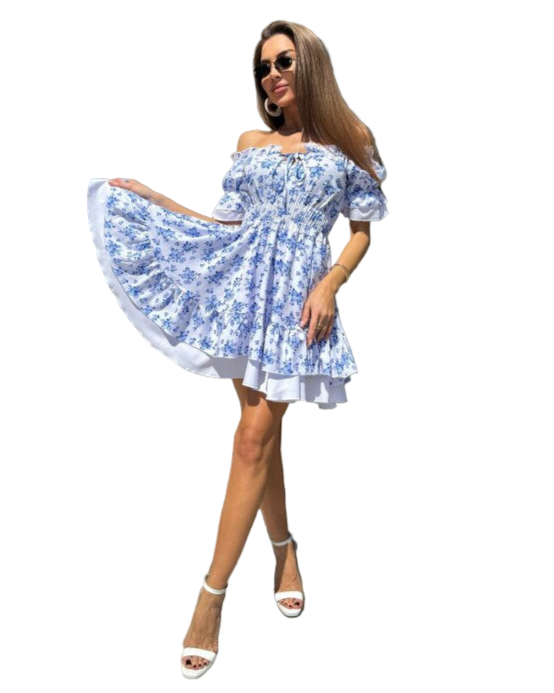 Blue Floral Soft Fabric Women Summer Dress with Adjustable Waist Tie