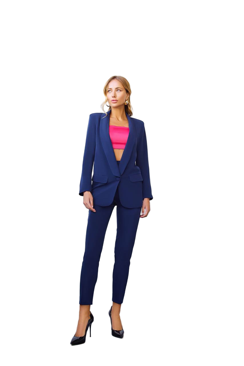 Dark Blue Diagonal Crepe Women Tailored Suit Jacket And Trousers