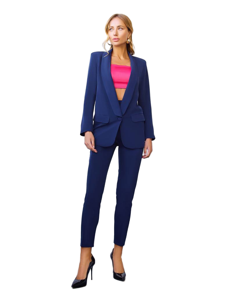 Dark Blue Diagonal Crepe Women Tailored Suit Jacket And Trousers