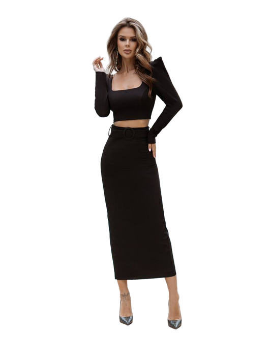 Black Diagonal Crepe Skirt and Top Set Square Neck Belted Midi