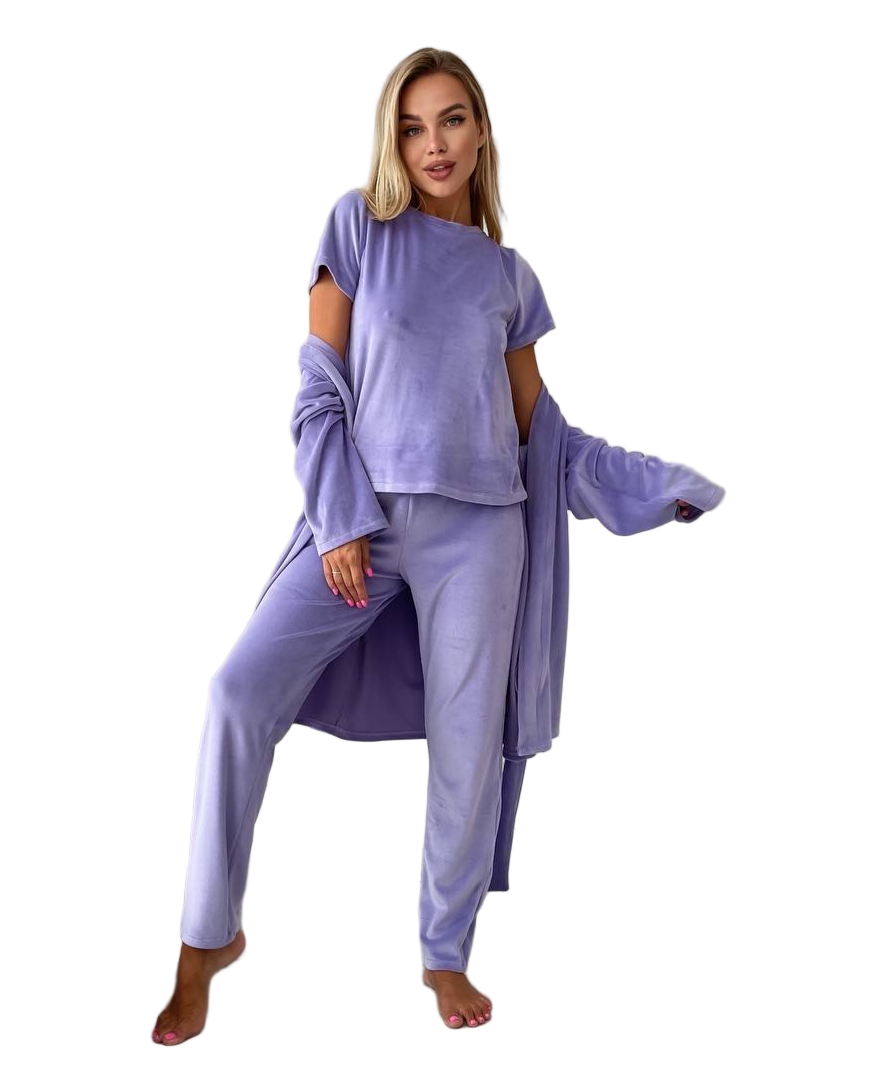 Lilac Velour Three Piece Loungewear Set Women Soft Homewear with Robe