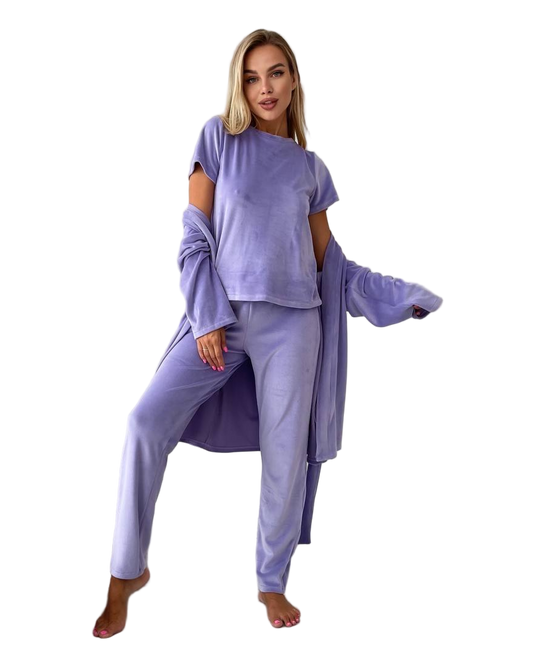 Lilac Velour Three Piece Loungewear Set Women Soft Homewear with Robe