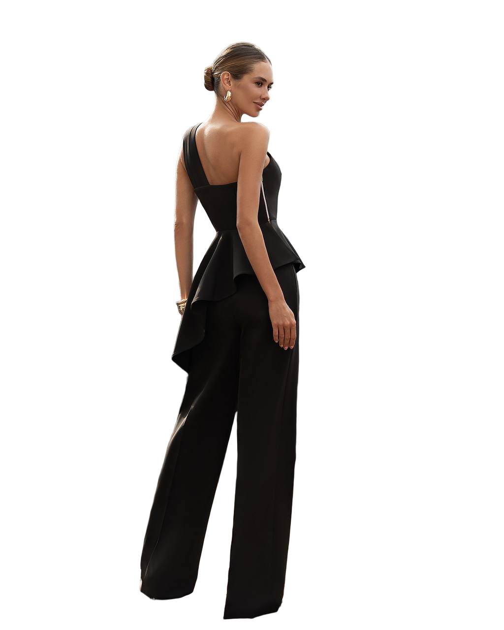 Woman wearing a black evening gown with a ruffled design on a white background