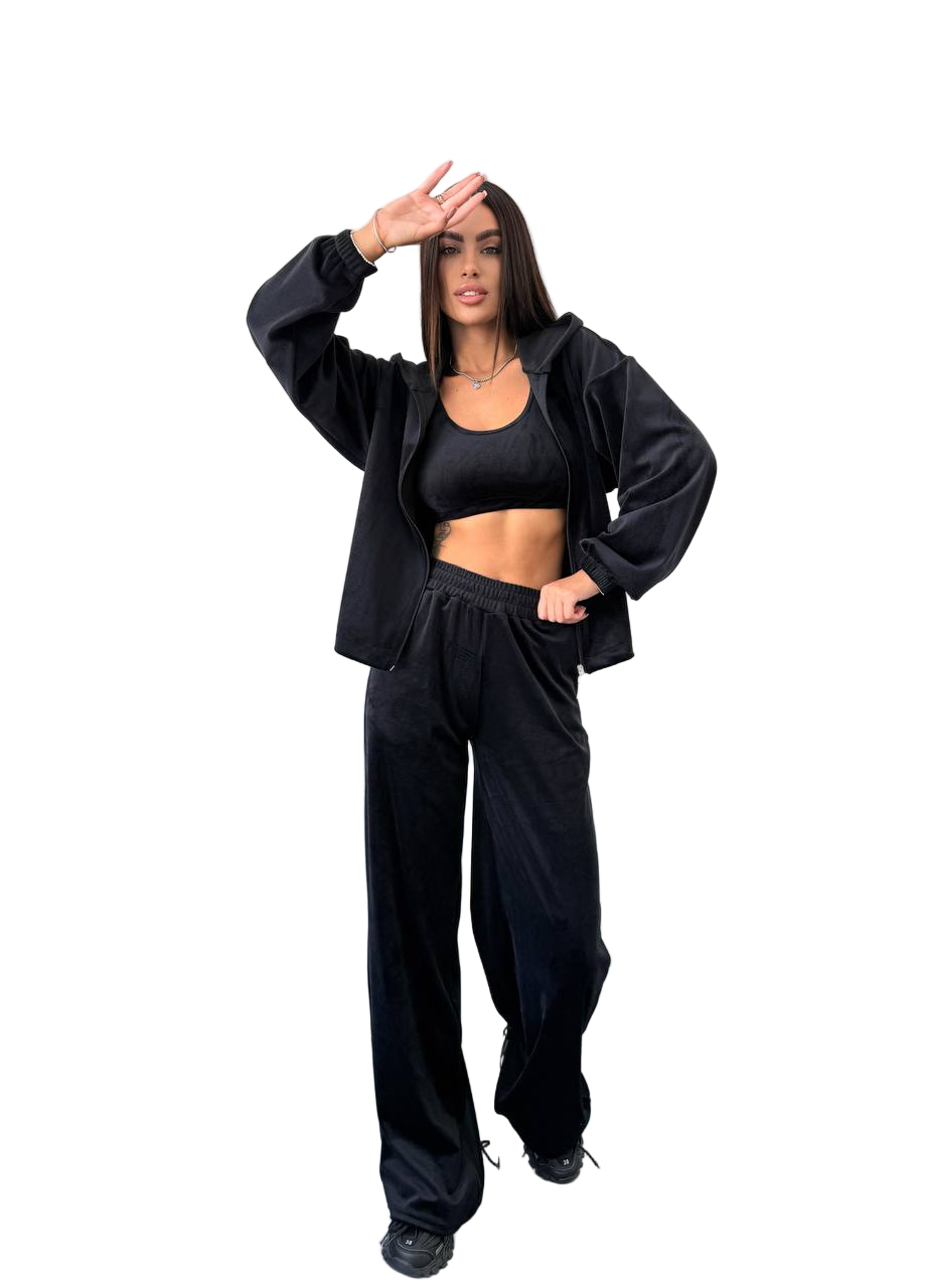 Black Velour Three-Piece Suit with Wide Palazzo Pants and Zip-Up Jacket